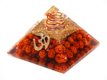 Load image into Gallery viewer, Clear Quartz &amp; Rudraksha Seeds Large Orgone Pyramid With &#39;OM&#39;