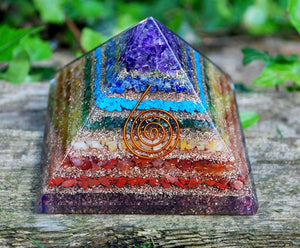 Large Natural Chakra Crystal Stones Layered Orgone/Orgonite Pyramid *SPIRITUAL PYRAMID* - | reiju