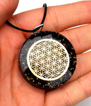 Load image into Gallery viewer, Black Tourmaline Crystal Stone Chips Orgone Flower Of Life Pendant Inc Black Cord |Reiju
