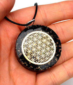 Black Tourmaline Crystal Stone Chips Orgone Flower Of Life Pendant Inc Black Cord |Reiju