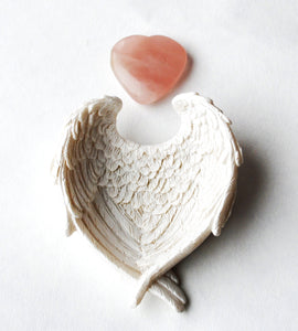 Rose Quartz Heart Stone Crystal in Stunning Detail Ceramic White Angel Wings Dish Gift Set - Krystal Gifts UK