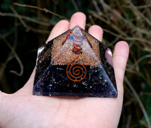 Load image into Gallery viewer, Black Obsidian Large Crystal Stone Orgone Pyramid With Clear Quartz Centre Piece