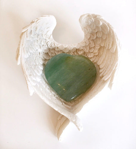 Green Aventurine Crystal Heart In Angel Wings Dish - Krystal Gifts UK