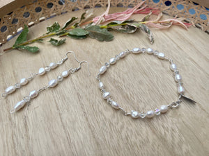 Real Freshwater Pearl Bracelet & Earring Set, June Birthstone, Swarovski Crystal Bracelet For Women, Dainty Bride Jewelry, Bridesmaid Thanks