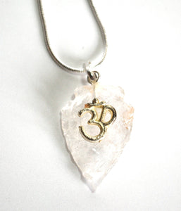 Clear Quartz 'Om' Crystal Arrowhead Pendant with Silver Chain Gift Wrapped - Krystal Gifts UK