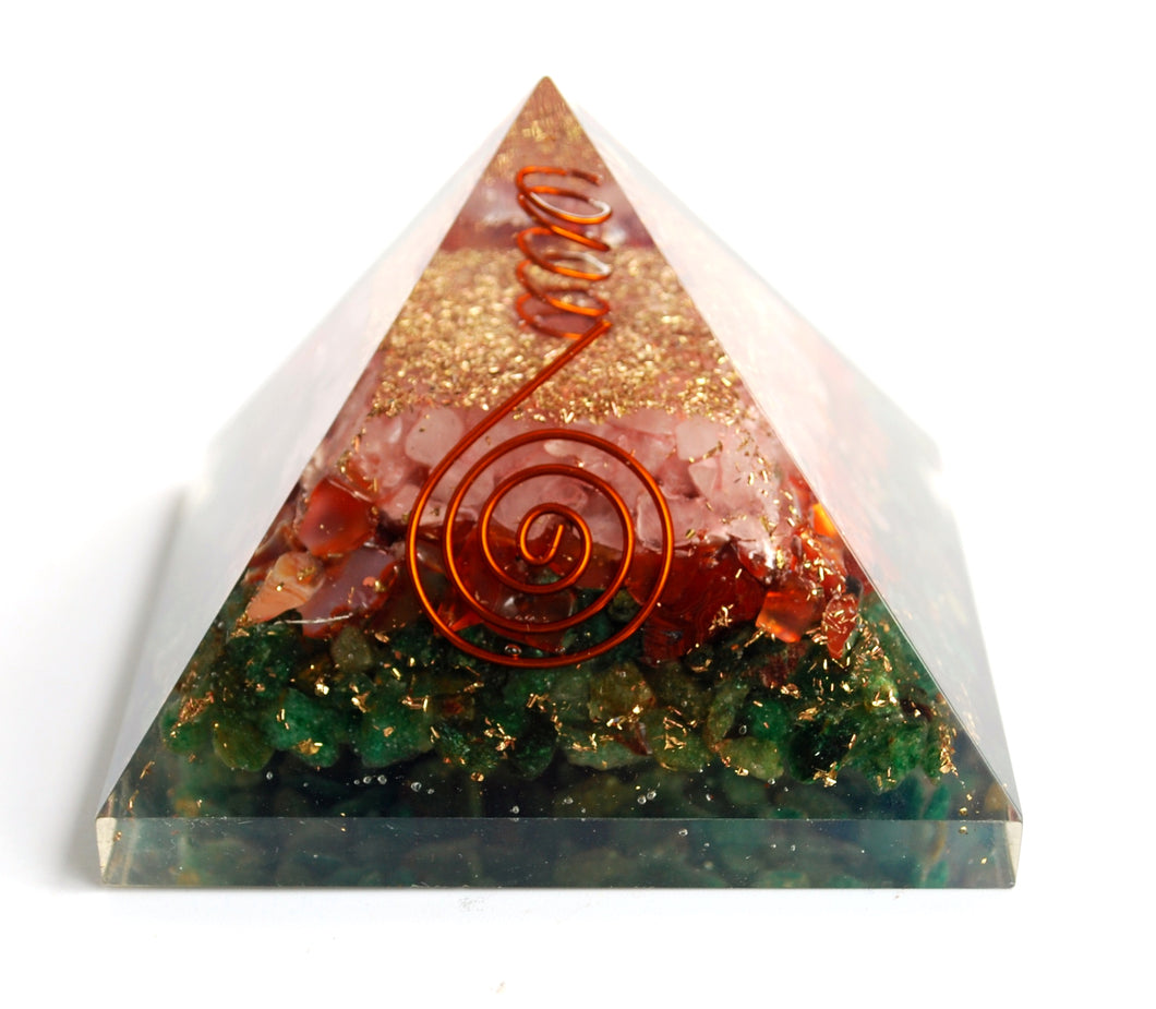 Rose Quartz, Carnelian & Green Jade Large Orgone Pyramid for Serenity & Calm