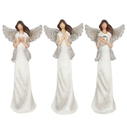 Set Of 3 White And Silver Glitter Angels 