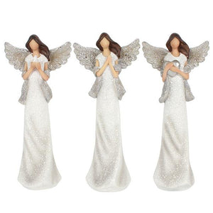Set Of 3 White And Silver Glitter Angels "Peace Prey Love" Figure Ornament Gift Set
