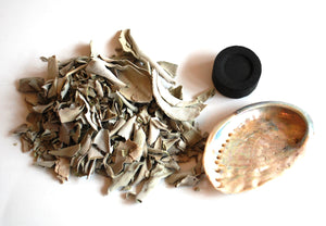 Cleansing Natural White Sage, Charcoal & Abalone Shell Smudge Burning Kit