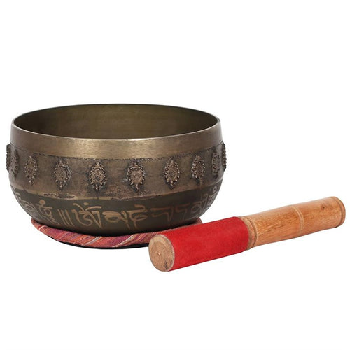 Buddha & Sanskrit Singing Bowl, Wooden Striker & Fabric Mat Meditation Set 16cm