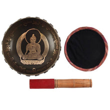 Load image into Gallery viewer, Buddha &amp; Sanskrit Singing Bowl, Wooden Striker &amp; Fabric Mat Meditation Set 16cm