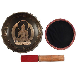 Buddha & Sanskrit Singing Bowl, Wooden Striker & Fabric Mat Meditation Set 16cm