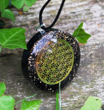 Load image into Gallery viewer, Black Tourmaline Crystal Stone Chips Orgone Flower Of Life Pendant Inc Black Cord |Reiju