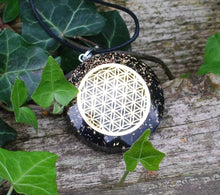 Load image into Gallery viewer, Black Tourmaline Crystal Stone Chips Orgone Flower Of Life Pendant Inc Black Cord |Reiju