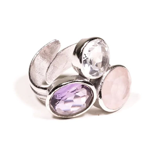 Amethyst, Clear Quartz & Rose Quartz Crystals Adjustable Ring